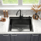 ANW HOME Kitchen Sink 60x45 cm, Stainless Steel Sink, Single Bowl Topmount in Black with Nano-Coated Surface, Thickness 3.0+1 mm, with Siphon Soap Dispenser and Basket