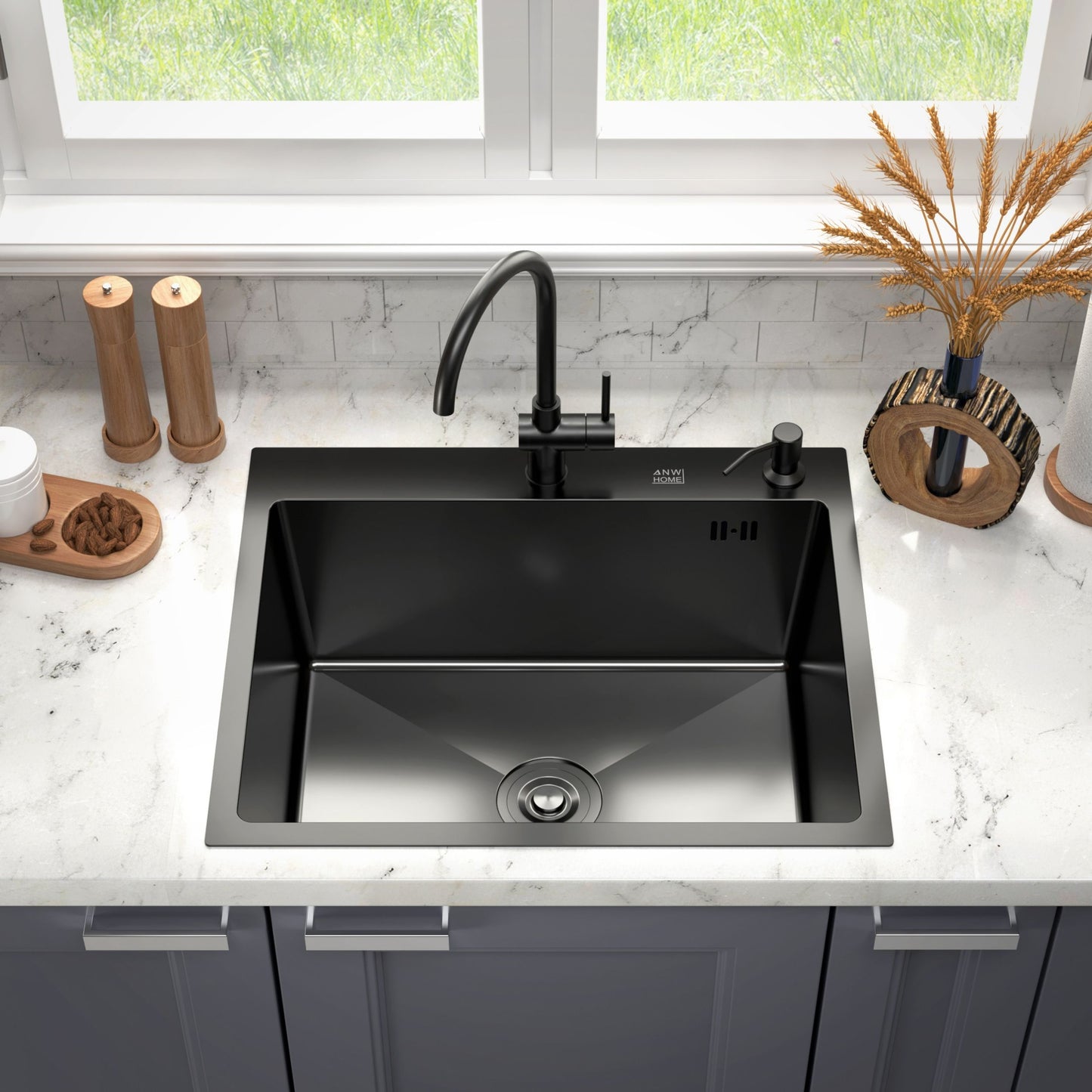 ANW HOME Kitchen Sink 60x45 cm, Stainless Steel Sink, Single Bowl Topmount in Black with Nano-Coated Surface, Thickness 3.0+1 mm, with Siphon Soap Dispenser and Basket