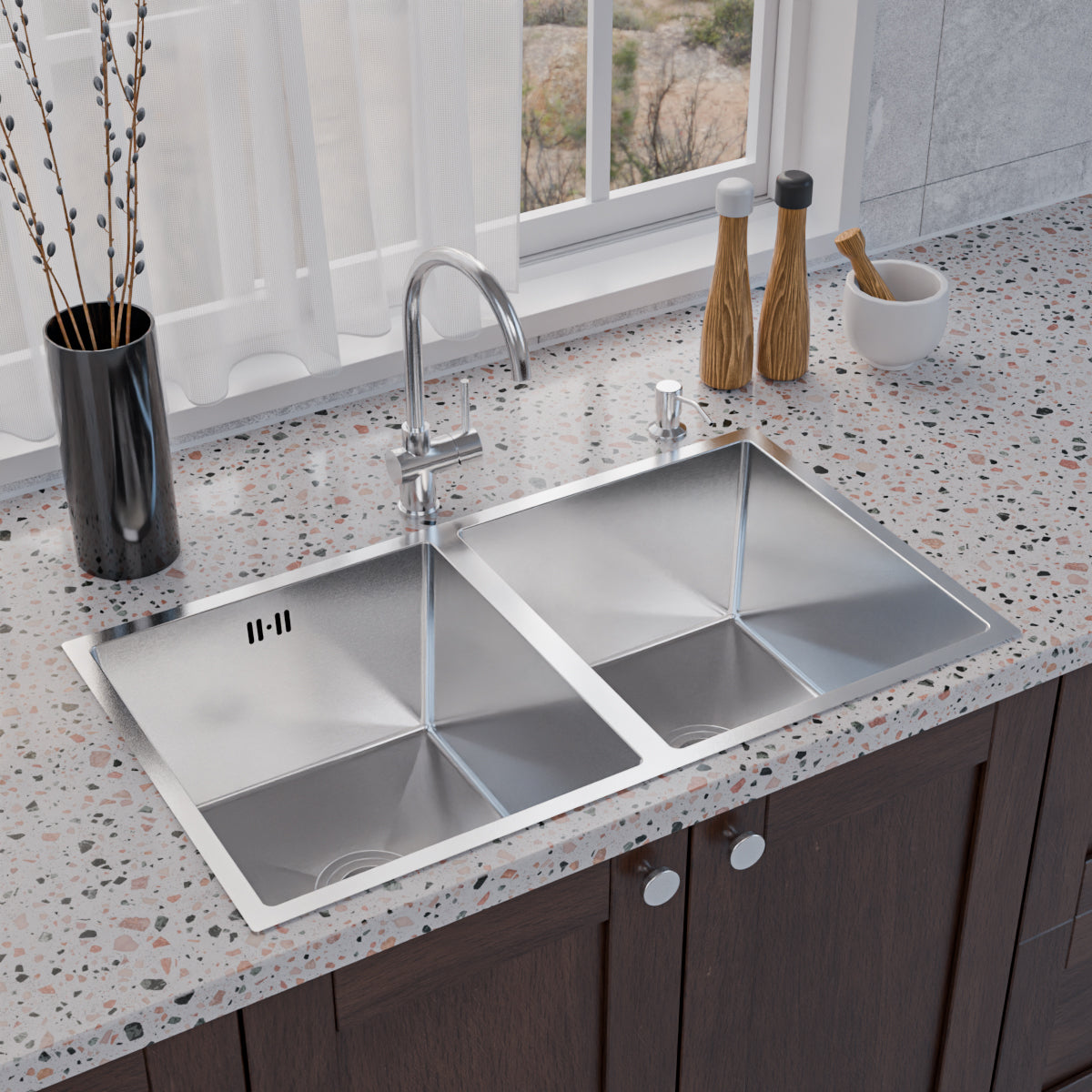 ANW HOME kuchyňský dřez z nerezové oceli, 2 vany, spodní montáž, dvoudřez 80x45 cm, stříbrný, nano povrch, tloušťka 3,0/1 mm, hloubka 22 cm, se sifonem