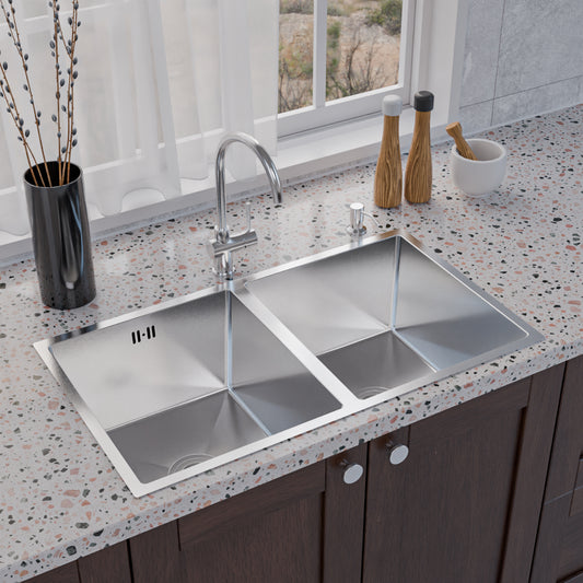 ANW HOME kuchyňský dřez z nerezové oceli, 2 vany, spodní montáž, dvoudřez 80x45 cm, stříbrný, nano povrch, tloušťka 3,0/1 mm, hloubka 22 cm, se sifonem