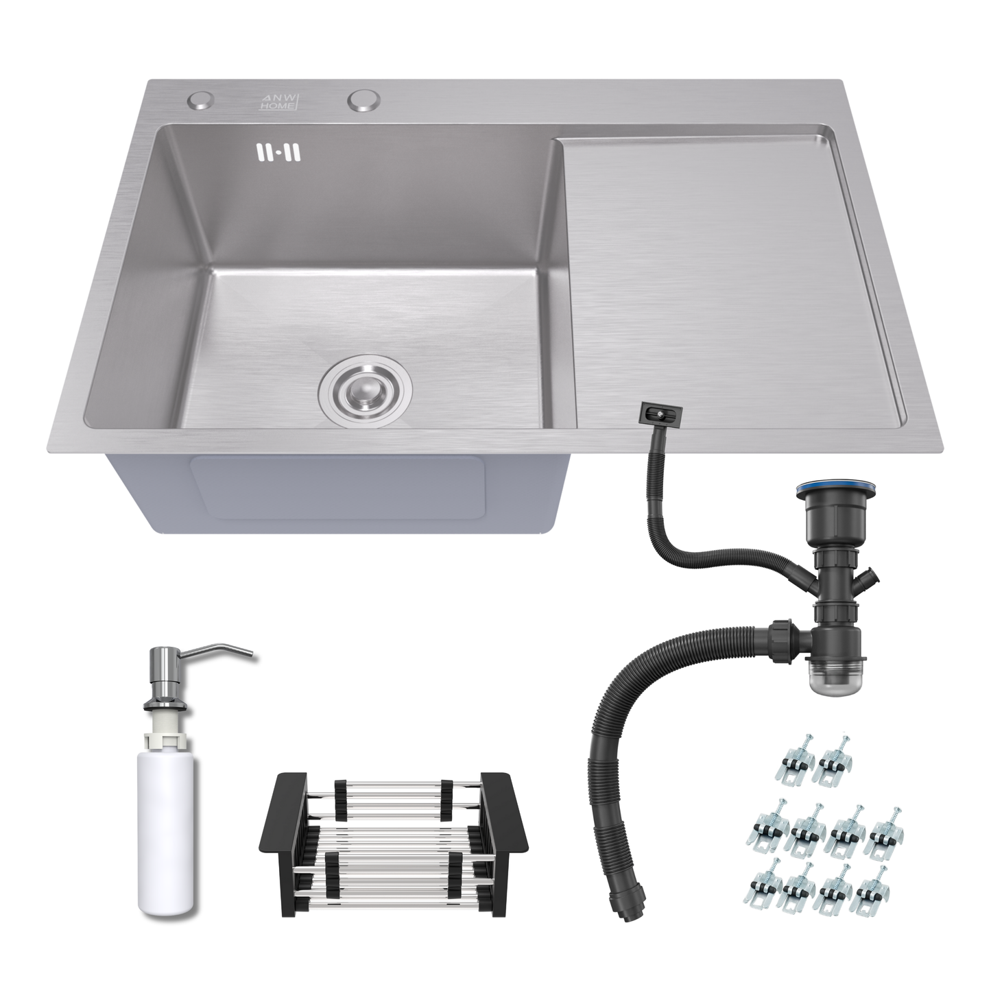 ANW HOME Kitchen Sink, Single Bowl Kitchen Sink with Drainer, Stainless Steel 304, 78x50 cm, Silver, Nano-Coated Finish, Thickness 3.0/1 mm, Topmount, with Waste Trap and Soap Dispenser