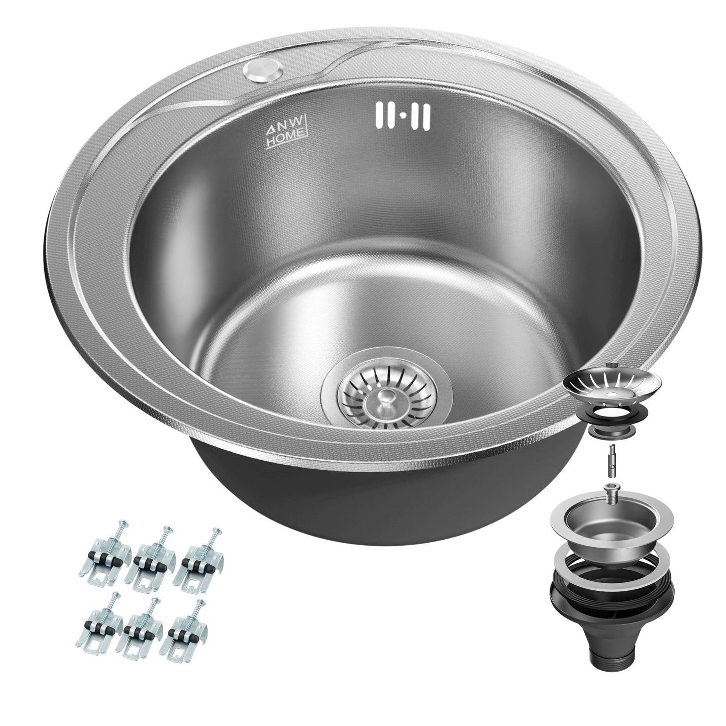 ANW HOME Spülbecken Küche, Küchenspüle Edelstahl 1 Becken, Einbauspüle Rund  49 cm, Silber, Anti-Kratz-Oberfläche, Stärke 1 mm, 18 cm Tiefe, mit Siphon