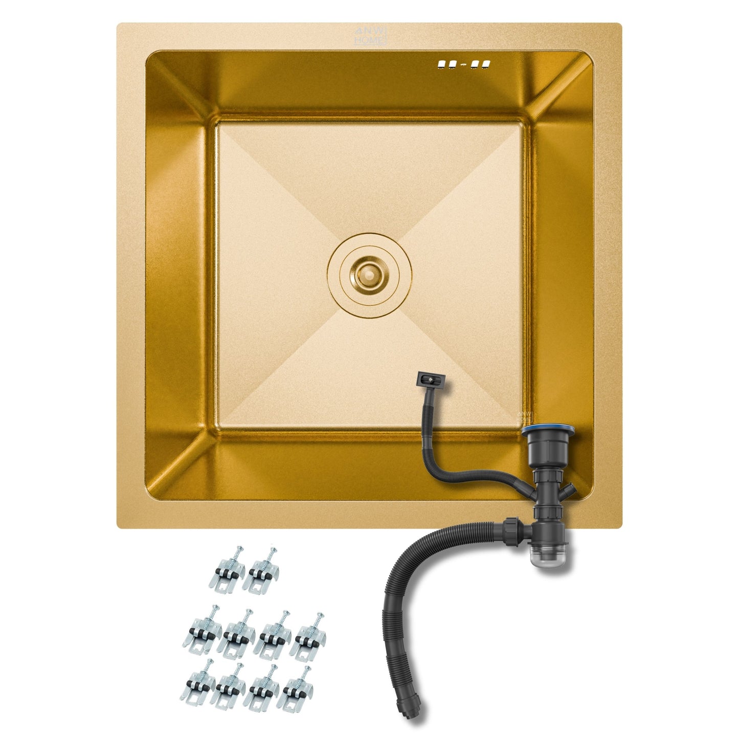 ANW HOME konyhai mosogató 44x44 cm, rozsdamentes acél mosogató arany PVD felülettel és nano bevonattal, vastagság 3,0+1 mm, egymedencés, szifonnal