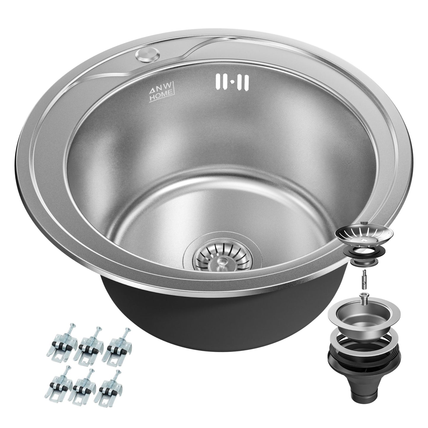 ANW HOME Spülbecken Küche Edelstahl, Küchenspüle Rund Ø49 cm, Einbauspüle, Satinierte Oberfläche, Stärke 1 mm, mit Siphon