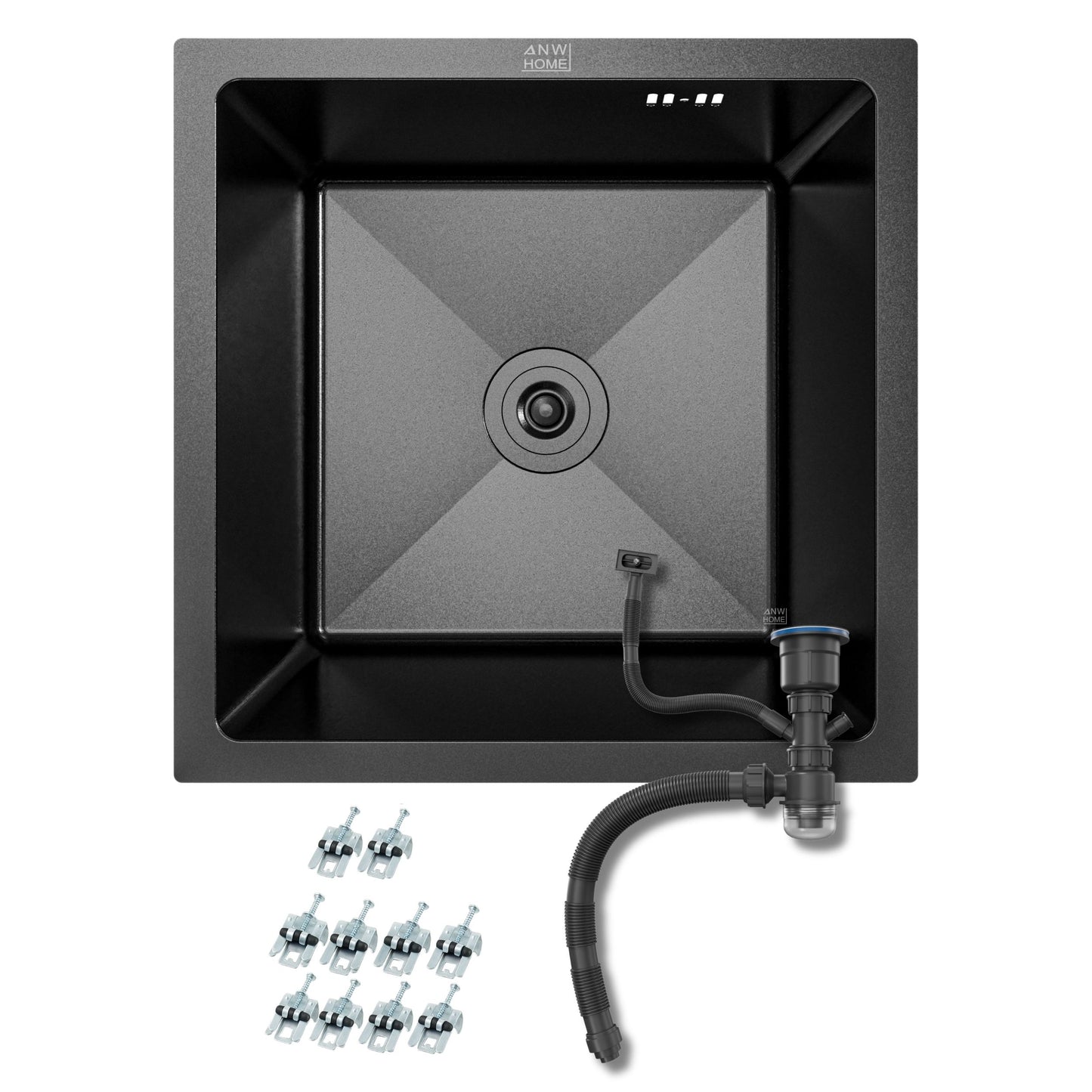 ANW HOME Spülbecken Küche Küchenspüle Unterbauspüle 1 Becken 44x44 cm Graphit PVD mit Nano-Beschichtung, Stärke 3.0+1 mm, mit Siphon