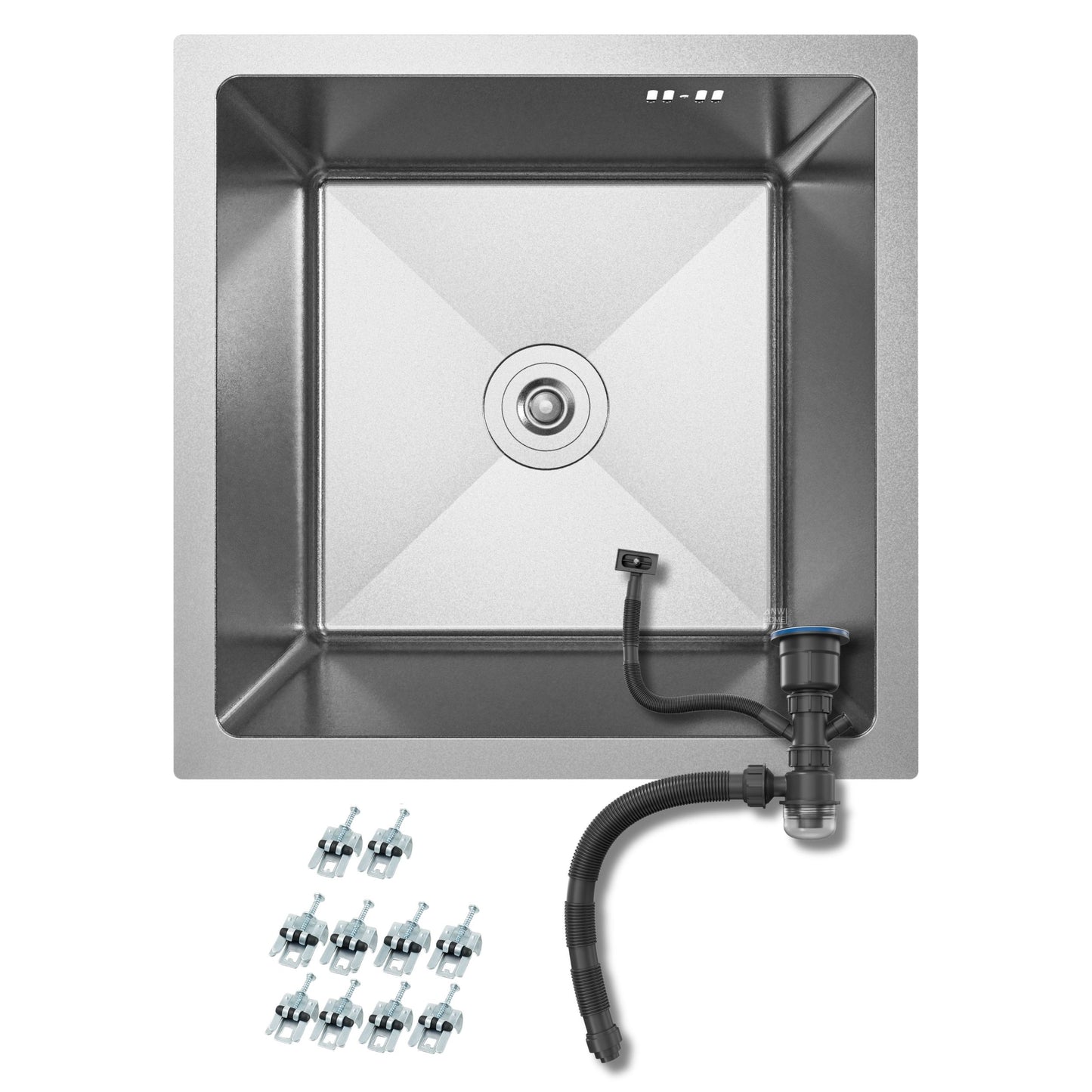 ANW HOME kuchyňský dřez 44x44 cm, nerezový dřez, jednodřez pro spodní montáž, nano povrch, tloušťka 3,0+1 mm, se sifonem, stříbrný