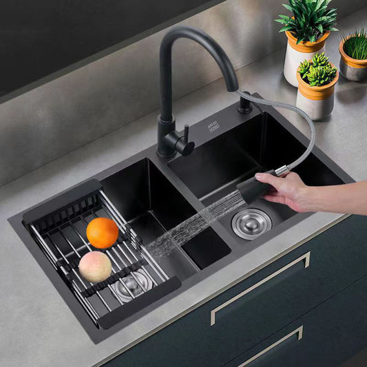 a black kitchen sink with a black faucet and black countertop size78x43