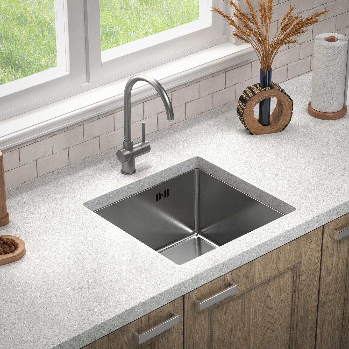 Under-Mount Kitchen Sink 44x44 cm – INOX Stainless Steel, Nano Silver Finish, Full Set