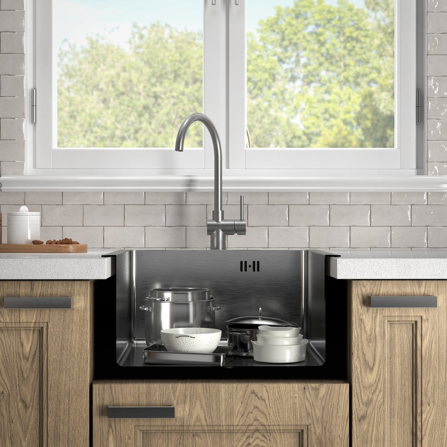 Under-Mount Kitchen Sink 44x44 cm – INOX Stainless Steel, Nano Silver Finish, Full Set