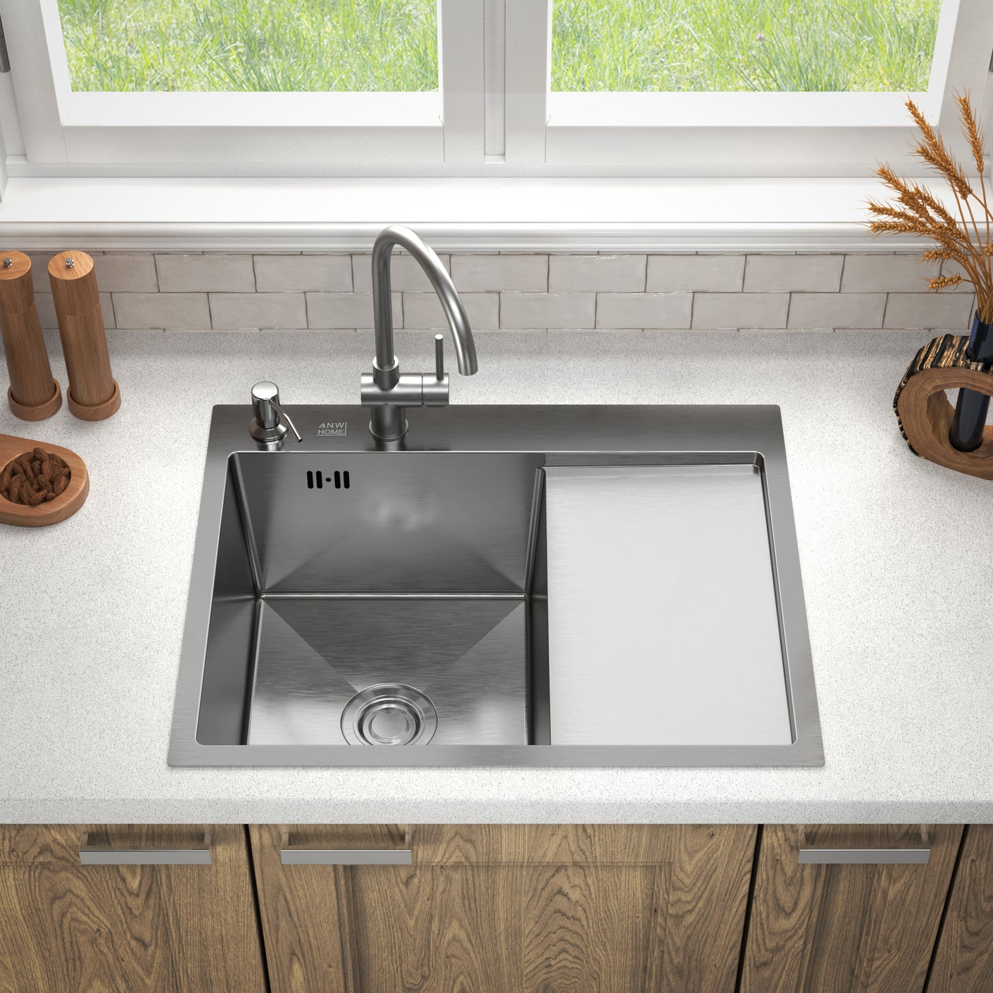 ANW HOME Edelstahlspüle mit Abtropffläche 63×50×22 cm Links (L) 304 Edelstahl