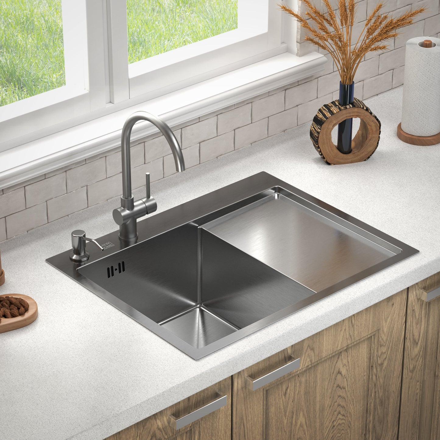 ANW HOME Edelstahlspüle mit Abtropffläche 63×50×22 cm Links (L) 304 Edelstahl