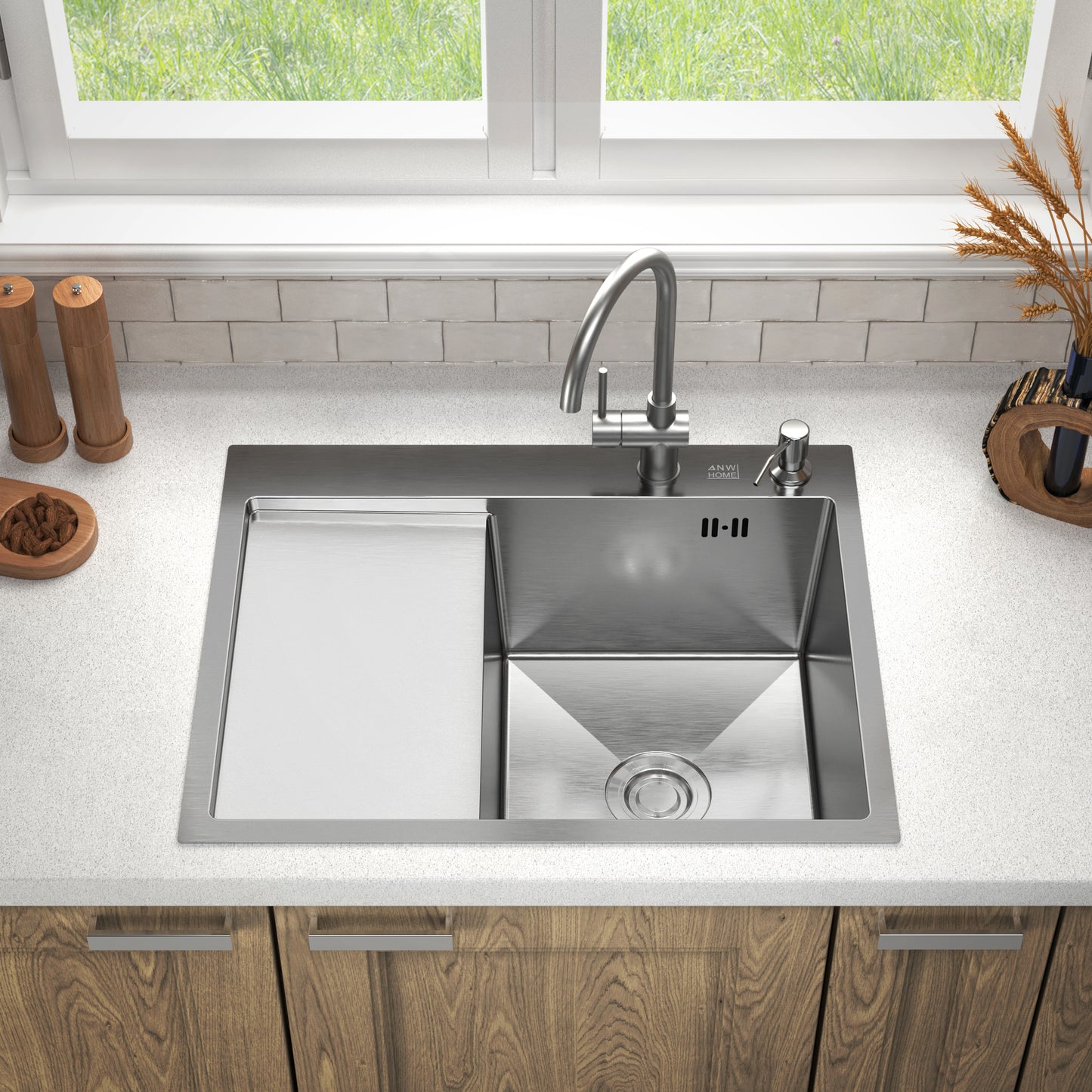 Zlew kuchenny ANW HOME Nano Silver ze stali nierdzewnej z ociekaczem 63 x 50 cm – montaż od góry, głębokość 220 mm