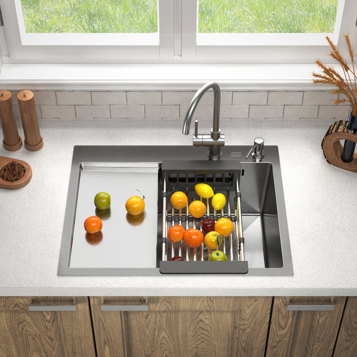 Zlew kuchenny ANW HOME Nano Silver ze stali nierdzewnej z ociekaczem 63 x 50 cm – montaż od góry, głębokość 220 mm