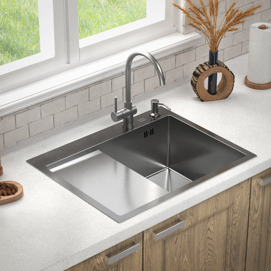 ANW HOME Edelstahlspüle mit Abtropffläche 63×50×22 cm Rechts (R) 304 Edelstahl