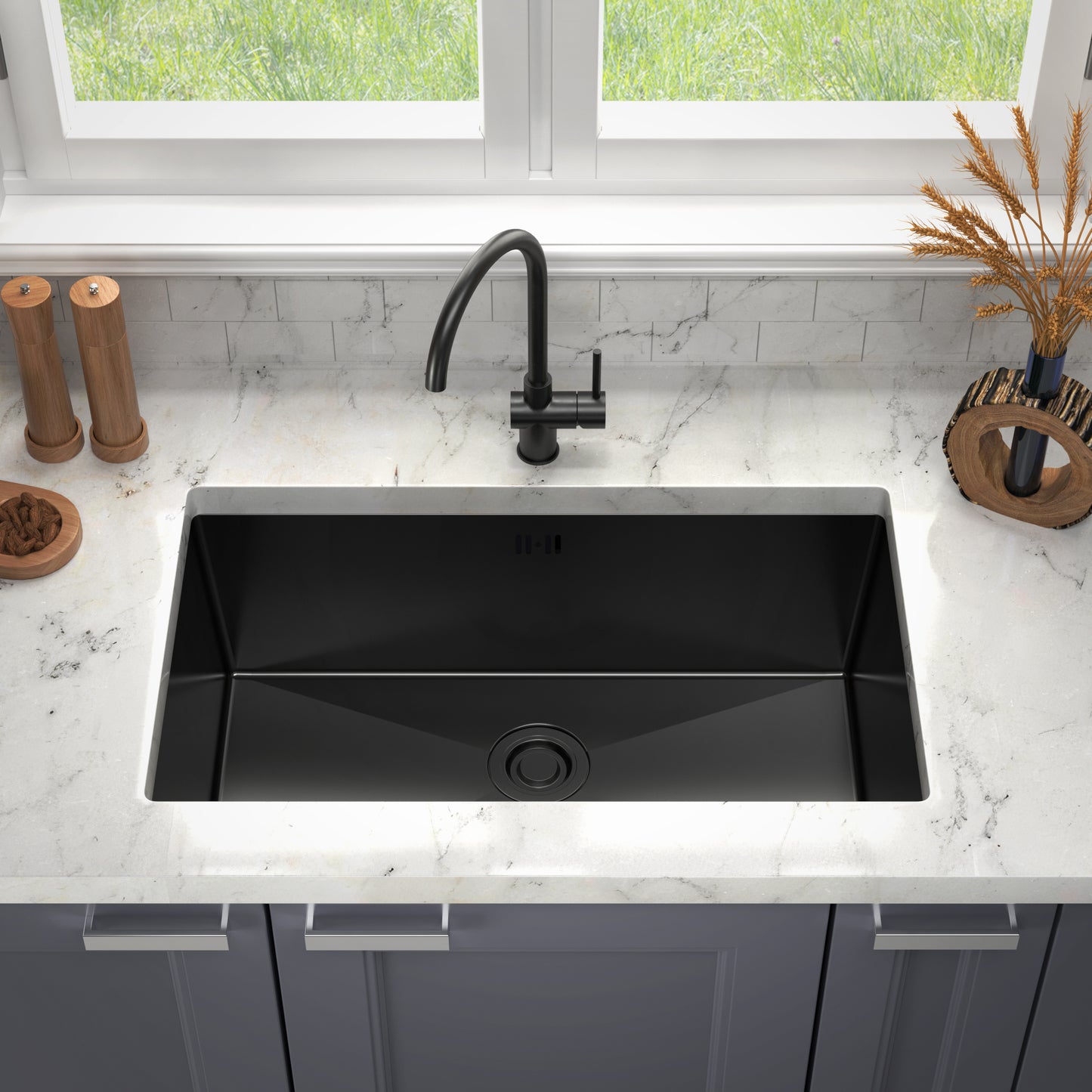 ANW HOME HD-7444B Kitchen Sink, Stainless Steel, PVD Coating, 74x44x21 cm, Undermount Installation, Graphite Color