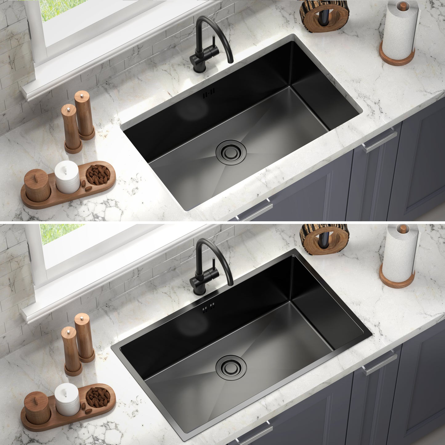 ANW HOME HD-7444B Kitchen Sink, Stainless Steel, PVD Coating, 74x44x21 cm, Undermount Installation, Graphite Color