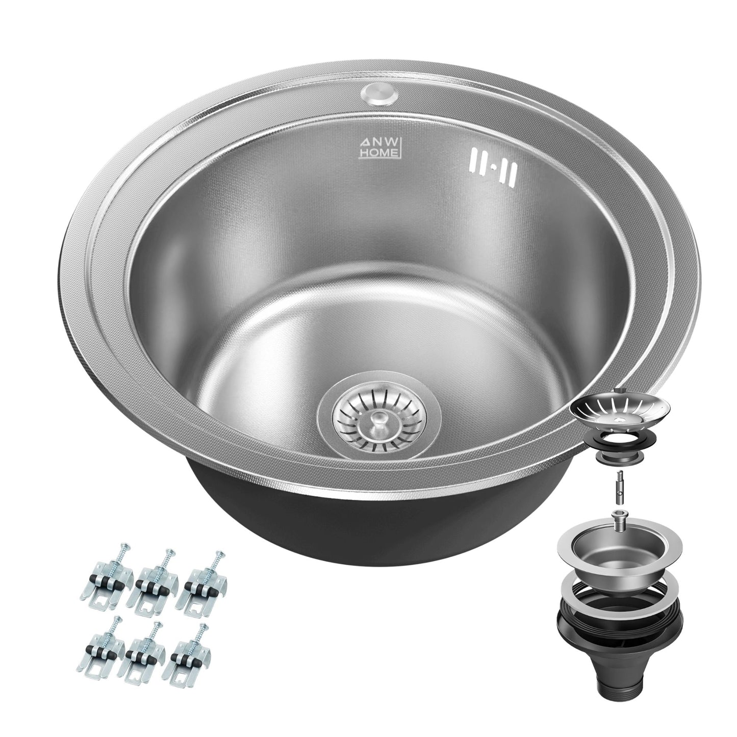 ANW HOME Spülbecken Küche, Küchenspüle Edelstahl 1 Becken, Einbauspüle Rund Ø51 cm, Edelstahl 201, Silber, Anti-Kratz Oberfläche, Stärke 1 mm, mit Siphon