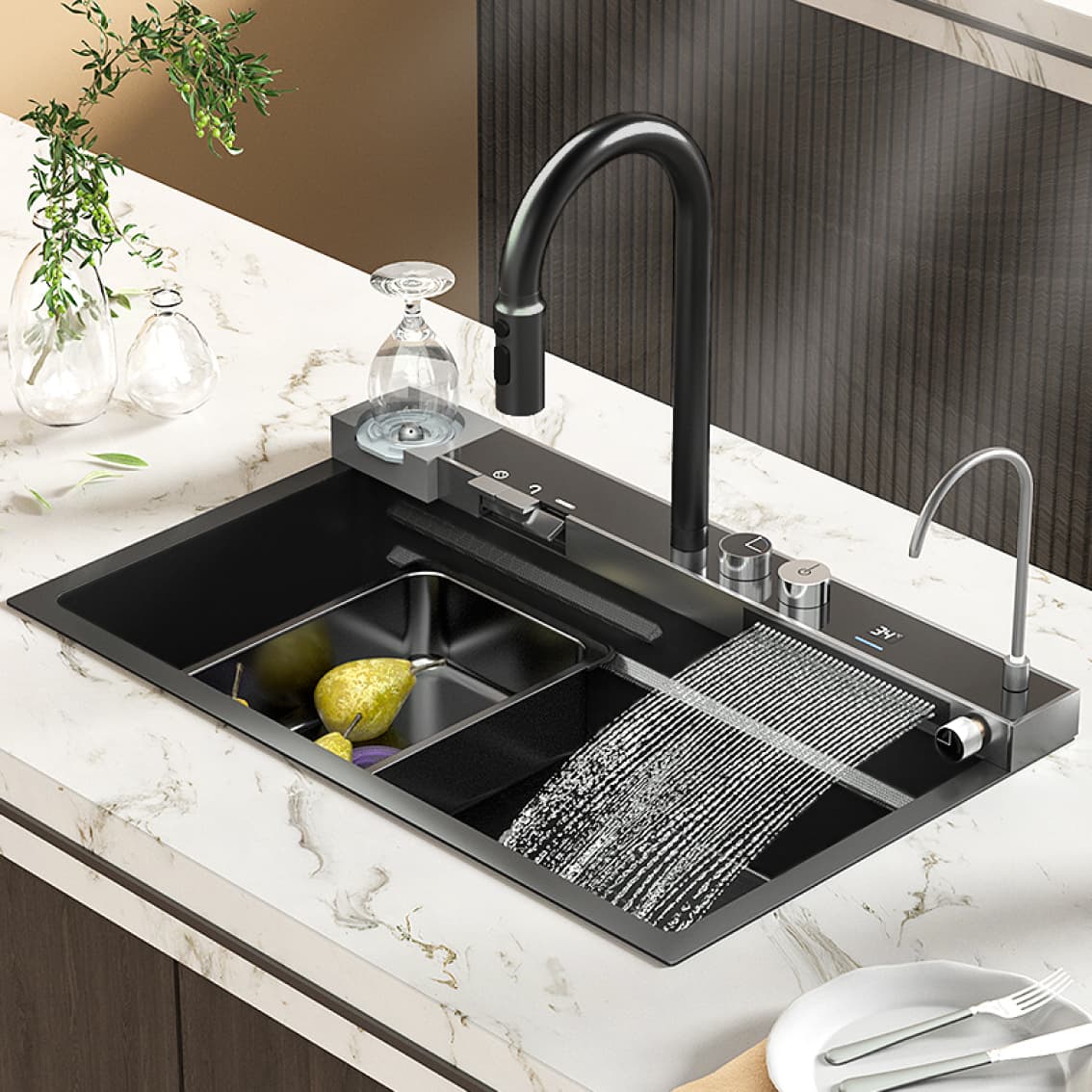 Stainless Steel Smart Sink 75x46D with Waterfall Faucet Graphit