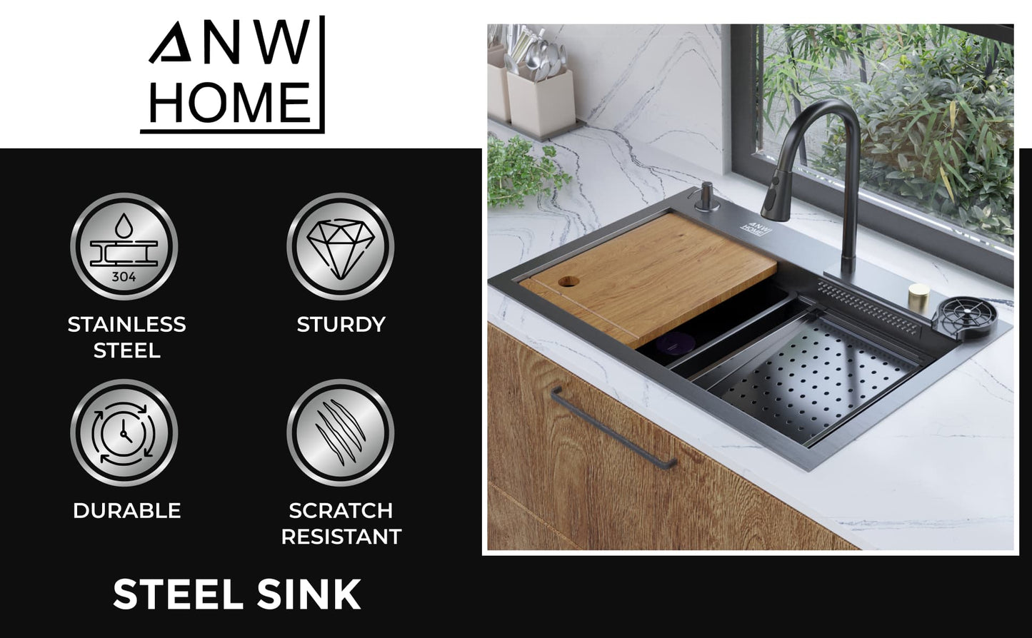 stainless steel kitchen sink color black 75x45 with waterfall faucet