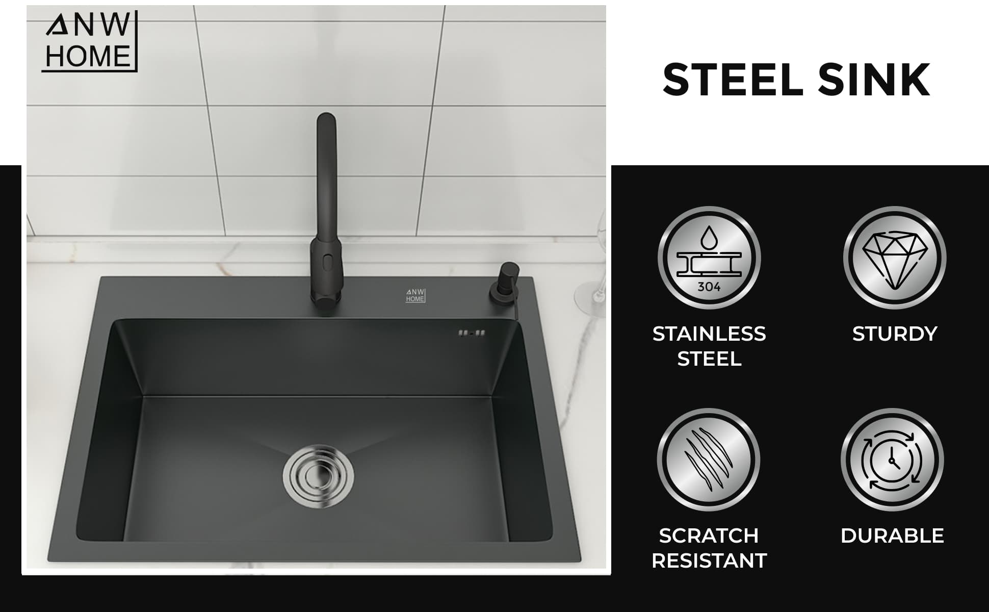 stainless steel kitchen sink color black size 55x43