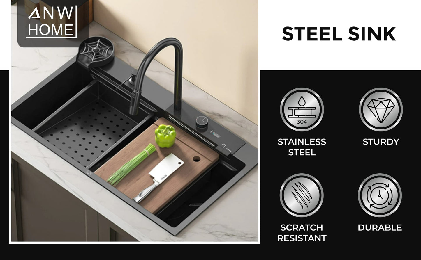 Waterfall steel sink with digital display 7546D2 Graphite Decor