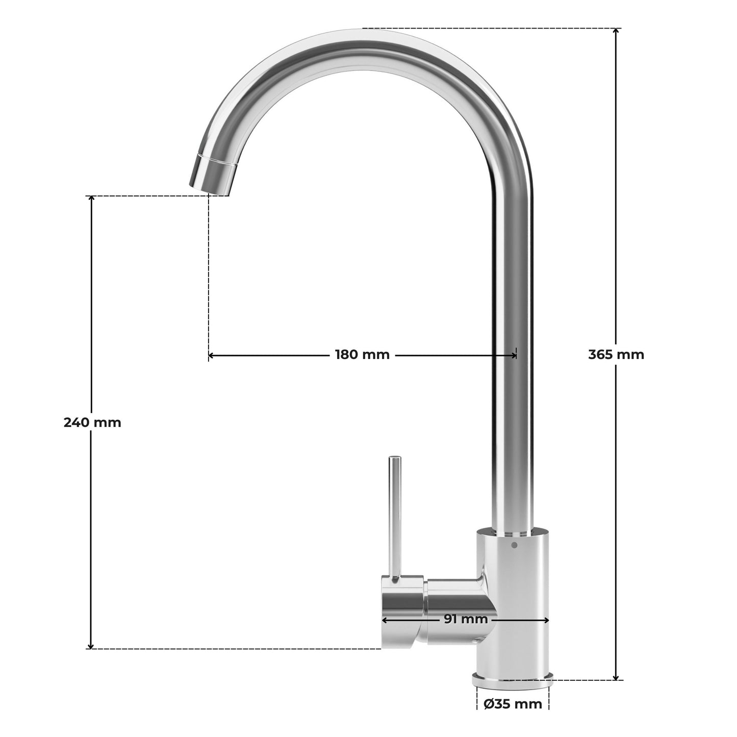 ANW HOME High-Arc Chrome Kitchen Faucet with 360° Swivel Spout – 365 mm