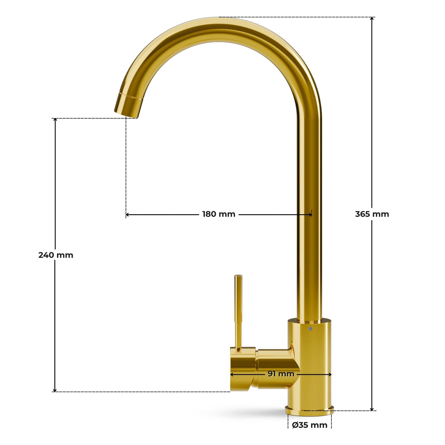 ANW HOME High-Arc Polished Gold Kitchen Faucet with 360° Swivel Spout – 365 mm
