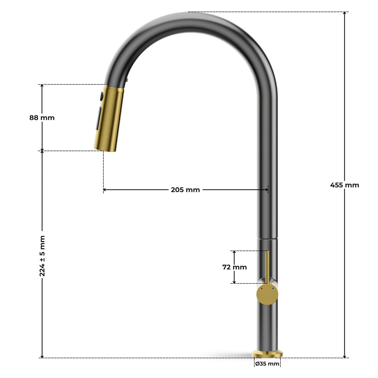 ANW HOME High-Arc Graphite & Gold Kitchen Faucet with Pull-Out Spout and 360° Rotation – 455 mm