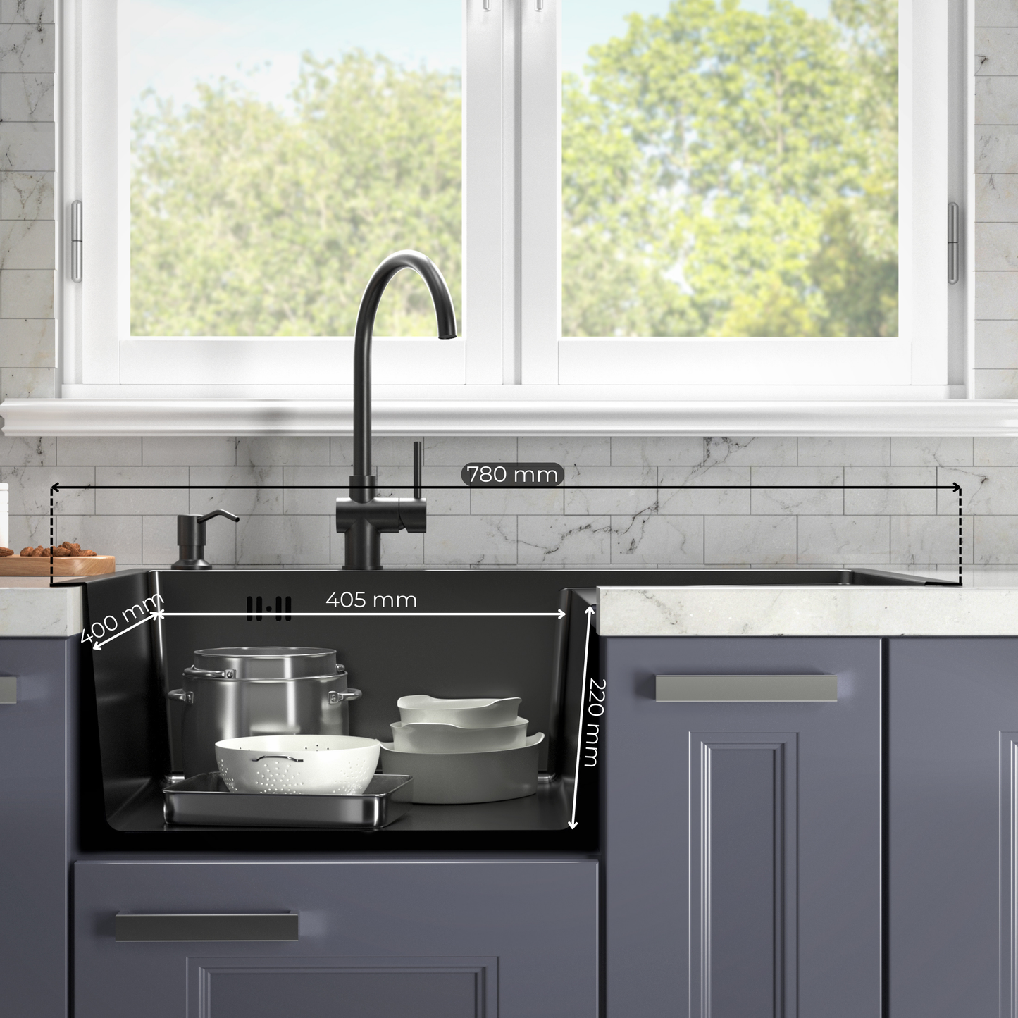 ANW HOME Fregadero Cocina 1 Seno Sobre Encimera con Escurridor, Acero Inoxidable 304, 78x50 cm, Grafito PVD, Acabado con Nano-Revestimiento, Grosor 3.0+1 mm, 22 cm, con Sifón, Dosificador y Cesta