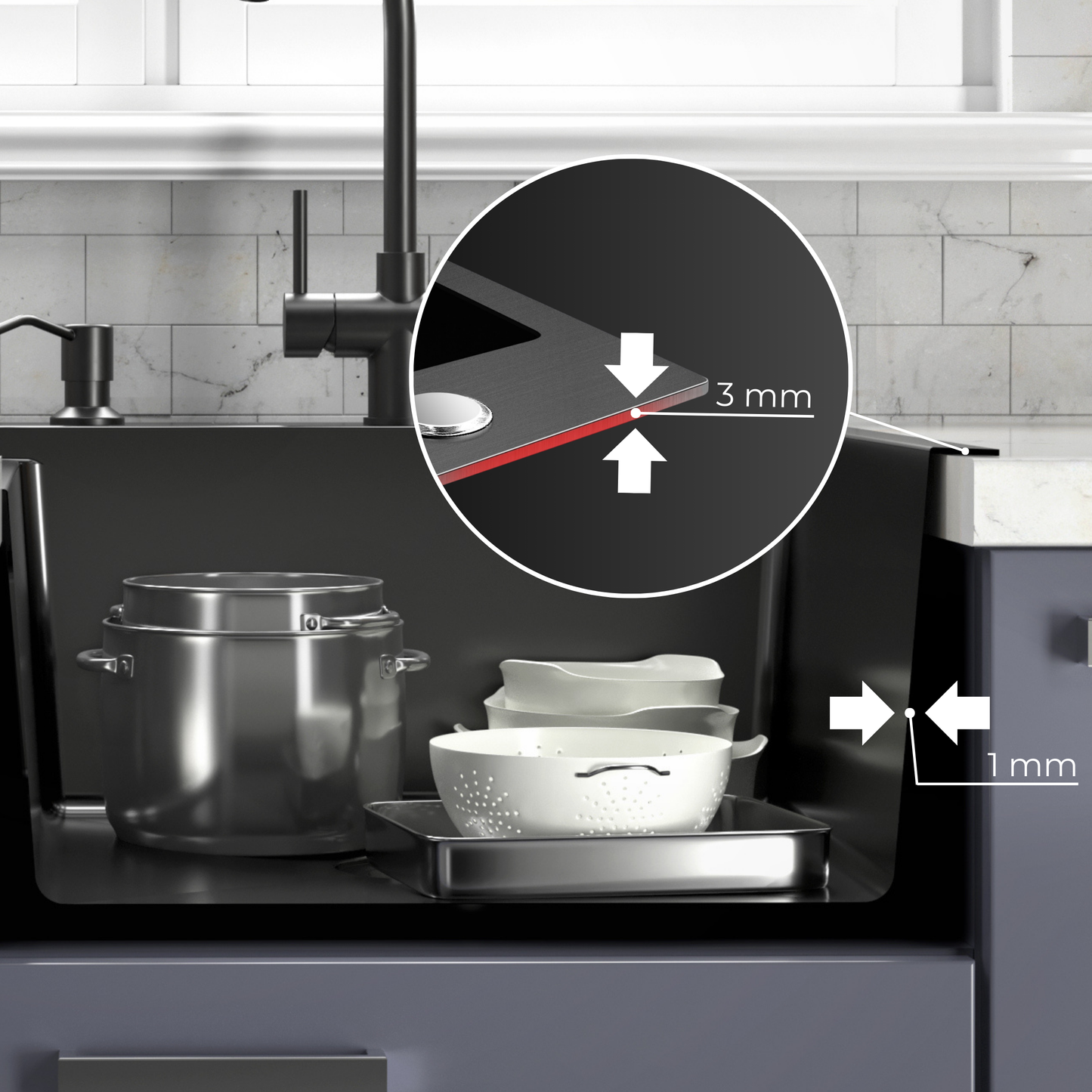 ANW HOME Kitchen Sink, Single Bowl Kitchen Sink, Stainless Steel with Drainer, Topmount 78x50 cm, Graphite PVD, Nano-Coated Finish, Thickness 3.0+1 mm