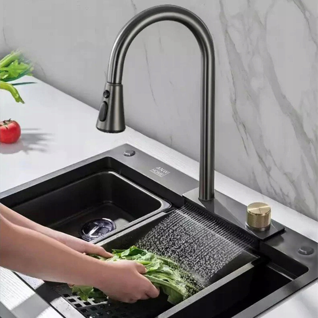 ANW HOME Küchenspüle Einbauspüle, Spülbecken 1 Becken Multifunktion aus 304 Edelstahl, 75x45 cm, Graphit PVD, Nano Anti-Kratz, 3/1 mm, 23 cm Tief, mit Wasserfallhahn