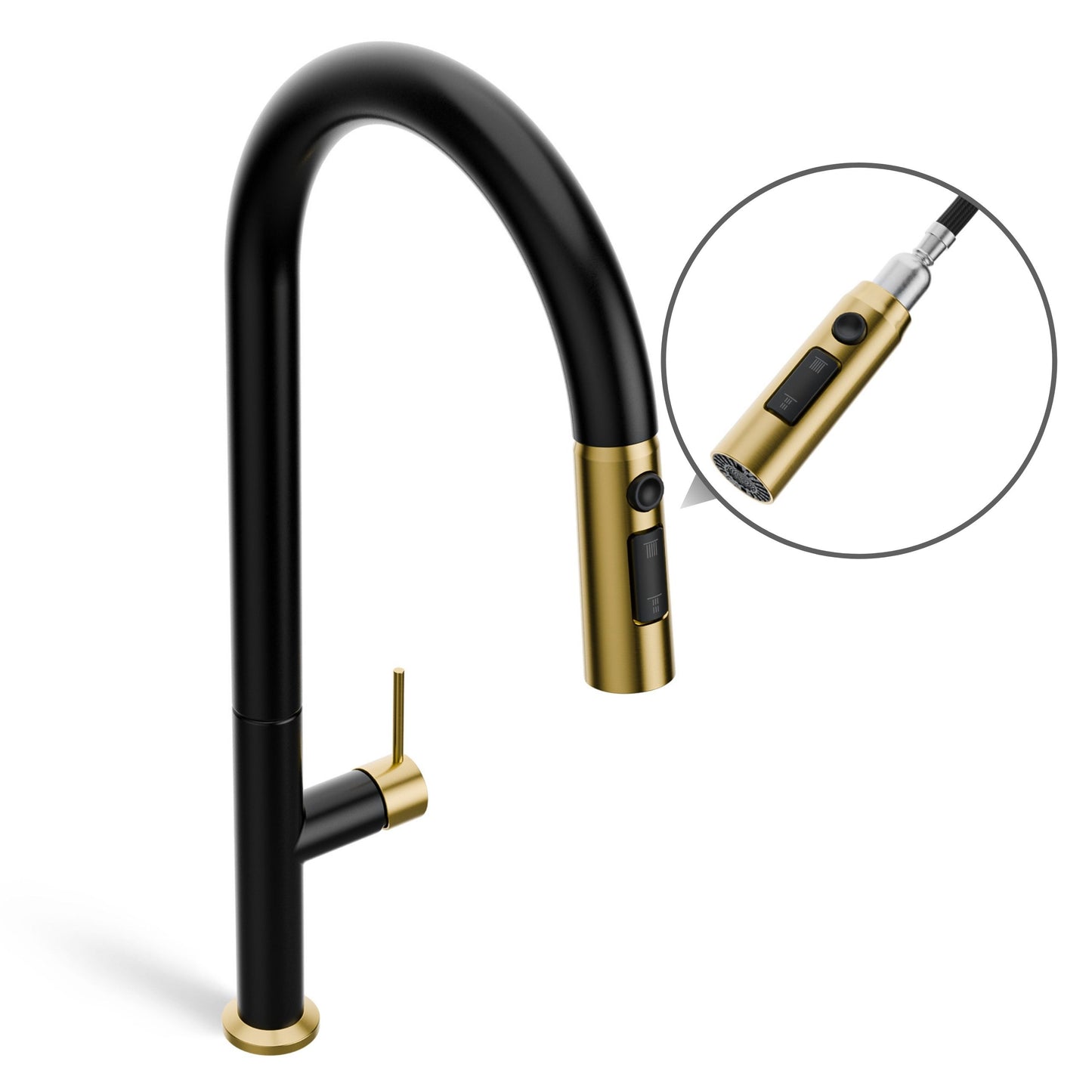 ANW HOME High-Arc Black & Gold Kitchen Faucet with Pull-Out Spout and 360° Rotation – 455 mm