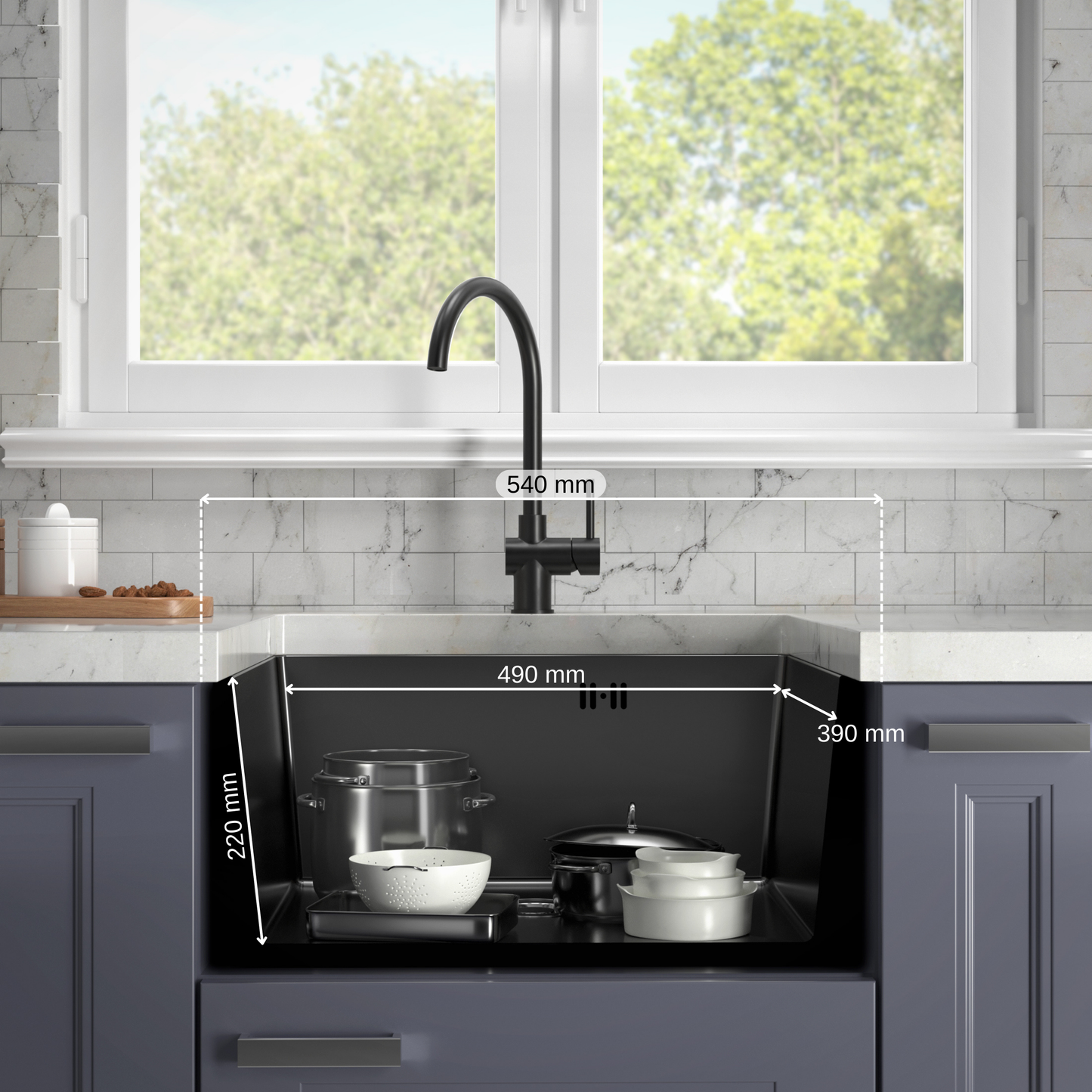 ANW HOME Spülbecken Küche Küchenspüle 1 Becken Unterbau Edelstahl 304 54x44 cm Graphit PVD Nano-Beschichtung Stärke 3,0/1 mm mit Siphon