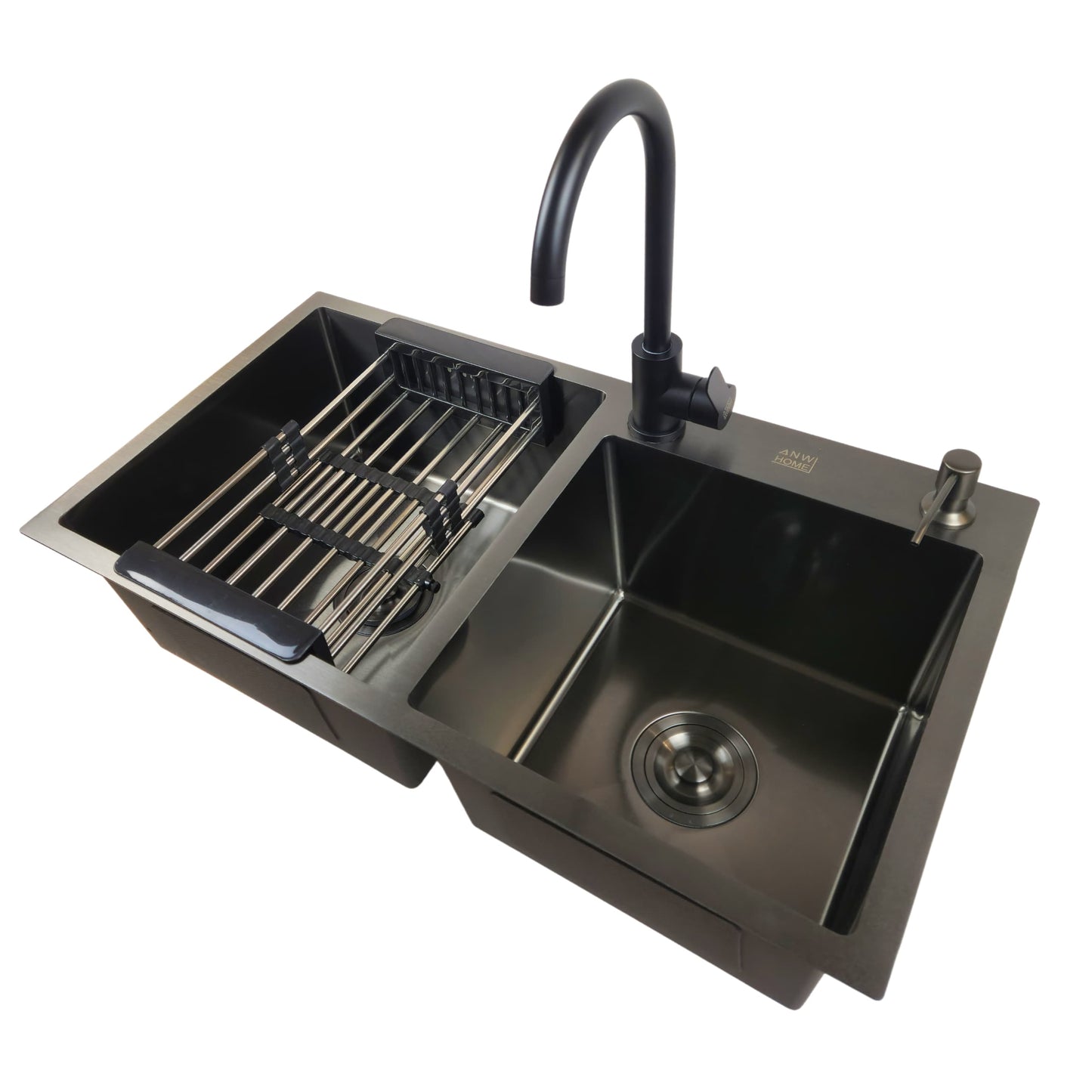 Lavello cucina inox doppia vasca Dosatore Grafite 78x43, cestello