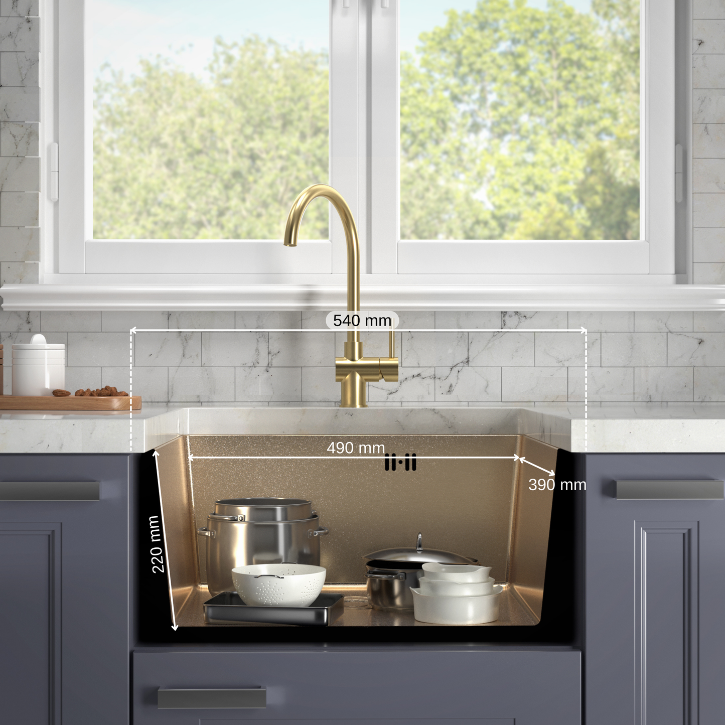 ANW HOME Lavello Cucina 1 Vasca Sottotop Lavandino Cucina Lavello Acciaio Inox 304 54x44 cm Oro PVD Rivestimento Nano Spessore 3.0/1 mm con Sifone