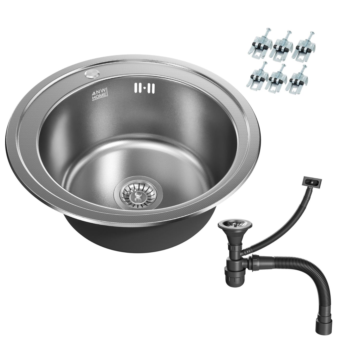 ANW HOME Spülbecken Küche, Küchenspüle Edelstahl 1 Becken, Einbauspüle Rund Ø51 cm, Edelstahl 201, Silber, Anti-Kratz Oberfläche, Stärke 1 mm, mit Siphon