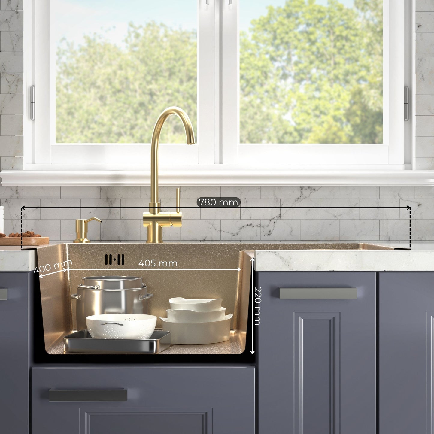 ANW HOME Evier Cuisine 1 Bac Evier Inox à Encastrer avec Égouttoir Acier Inox 304 78x50 cm Doré PVD Revêtement Nano Épaisseur 3,0+1 mm avec Siphon, Distributeur et Panier