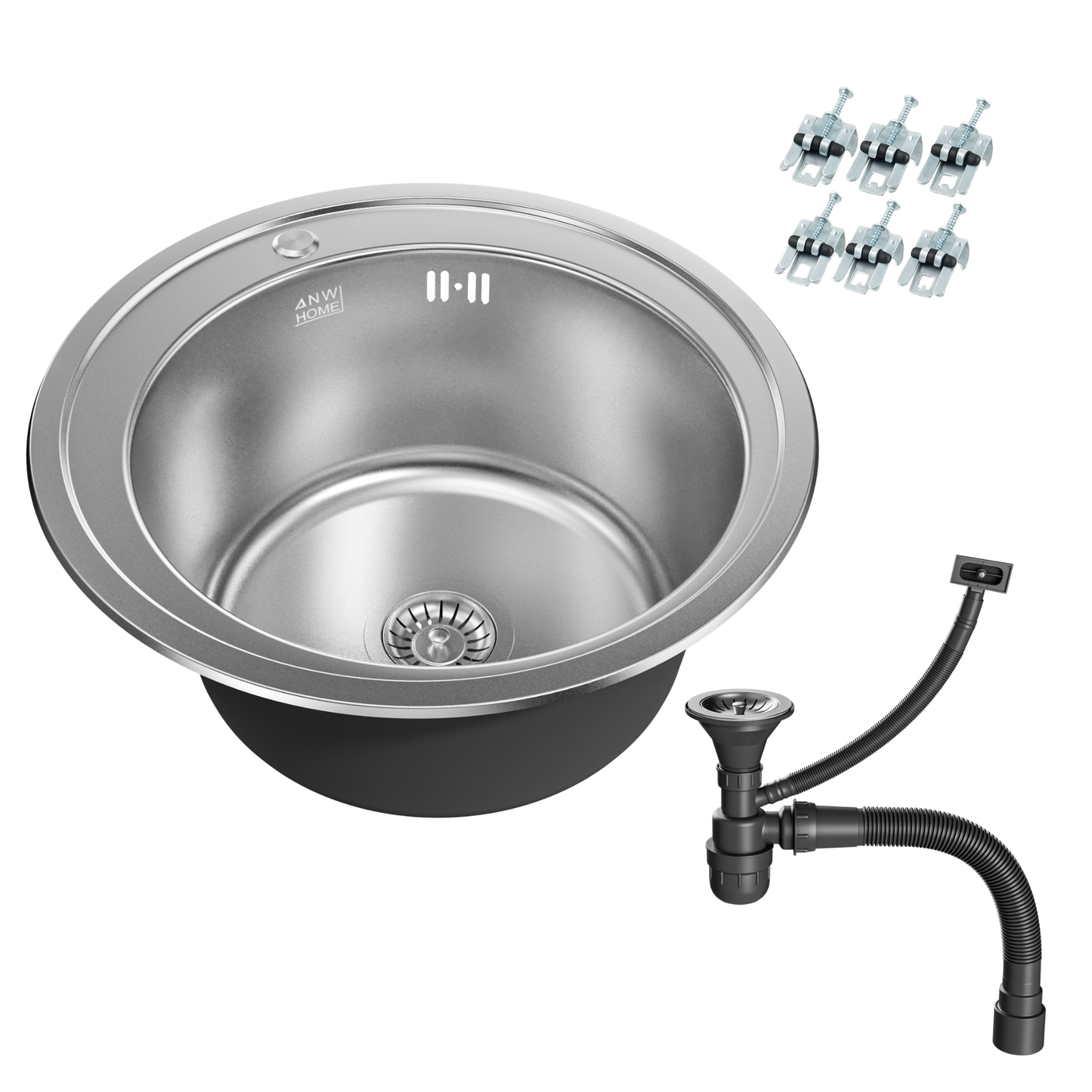 ANW HOME Spülbecken Küche, Einbauspüle Edelstahl 201, Spülbecken Edelstahl Rund Ø51 cm ohne Abtropffläche, Silber, Satinierte Oberfläche, Stärke 1 mm, 20 cm Tief, mit Siphon