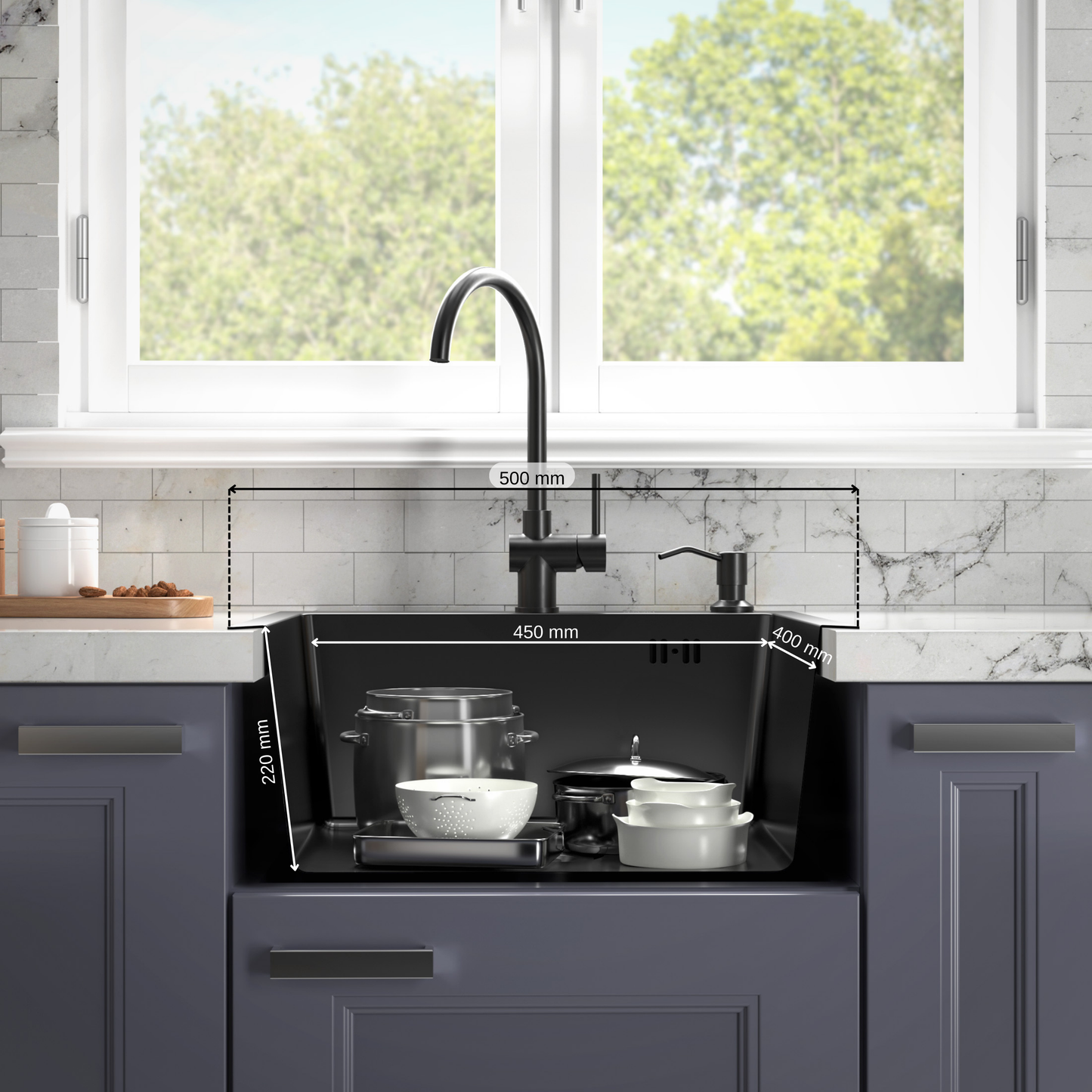 ANW HOME Lavello Cucina 1 Vasca Acciaio Inox 50x50 cm Senza Gocciolatoio, Grafite PVD con Rivestimento Nano, Spessore 3,0+1 mm, Profondità 22 cm, con Sifone