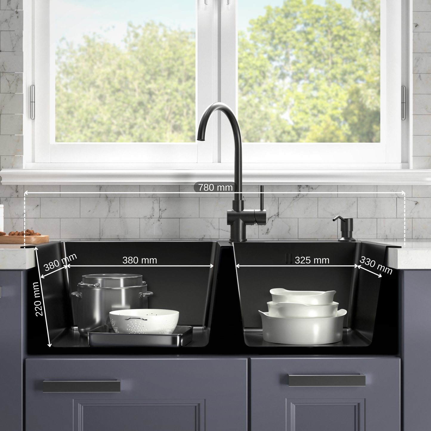 ANW HOME kuchyňský dřez, nerezový dřez 78x43 cm, dvoudřez, horní montáž, grafit PVD s nano povrchem, tloušťka 3,0+1 mm, sifon, dávkovač saponátu a košík