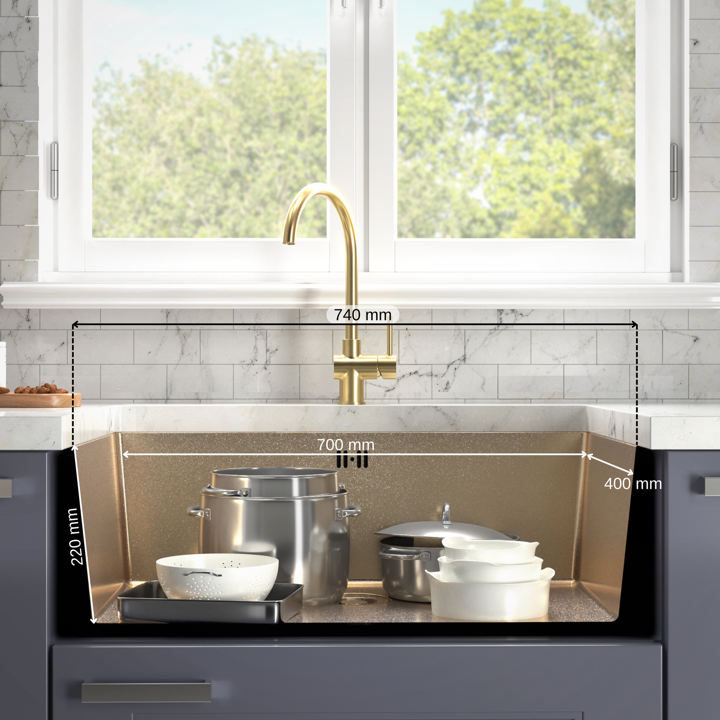 ANW HOME Spülbecken Küche 1 Becken Unterbau Spülbecken Edelstahl 304 74x44 cm Gold PVD Nano-Beschichtung Stärke 3+1 mm mit Siphon