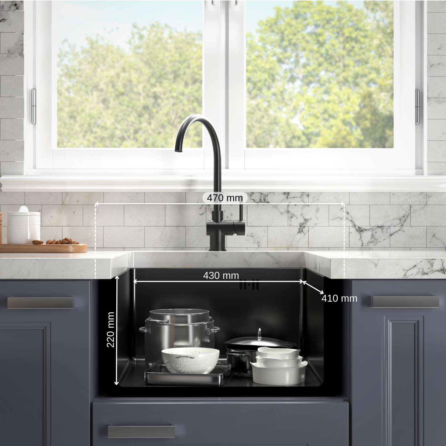 ANW HOME Spülbecken 47x45 cm, Küchenspüle als Unterbauspüle mit 1 Becken, Graphit PVD, Nano-Beschichtung, Stärke 3.0+1 mm, mit Siphon