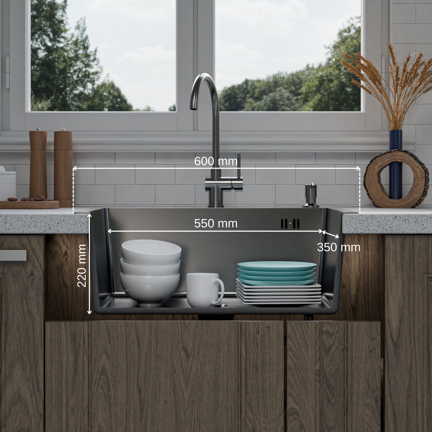 ANW HOME Spülbecken Küchenspüle Einbauspüle 60x45 cm, Edelstahl Spülbecken , Graphit PVD mit Nano-Beschichtung, Stärke 3,0+1 mm, mit Siphon Seifenspender und Korb