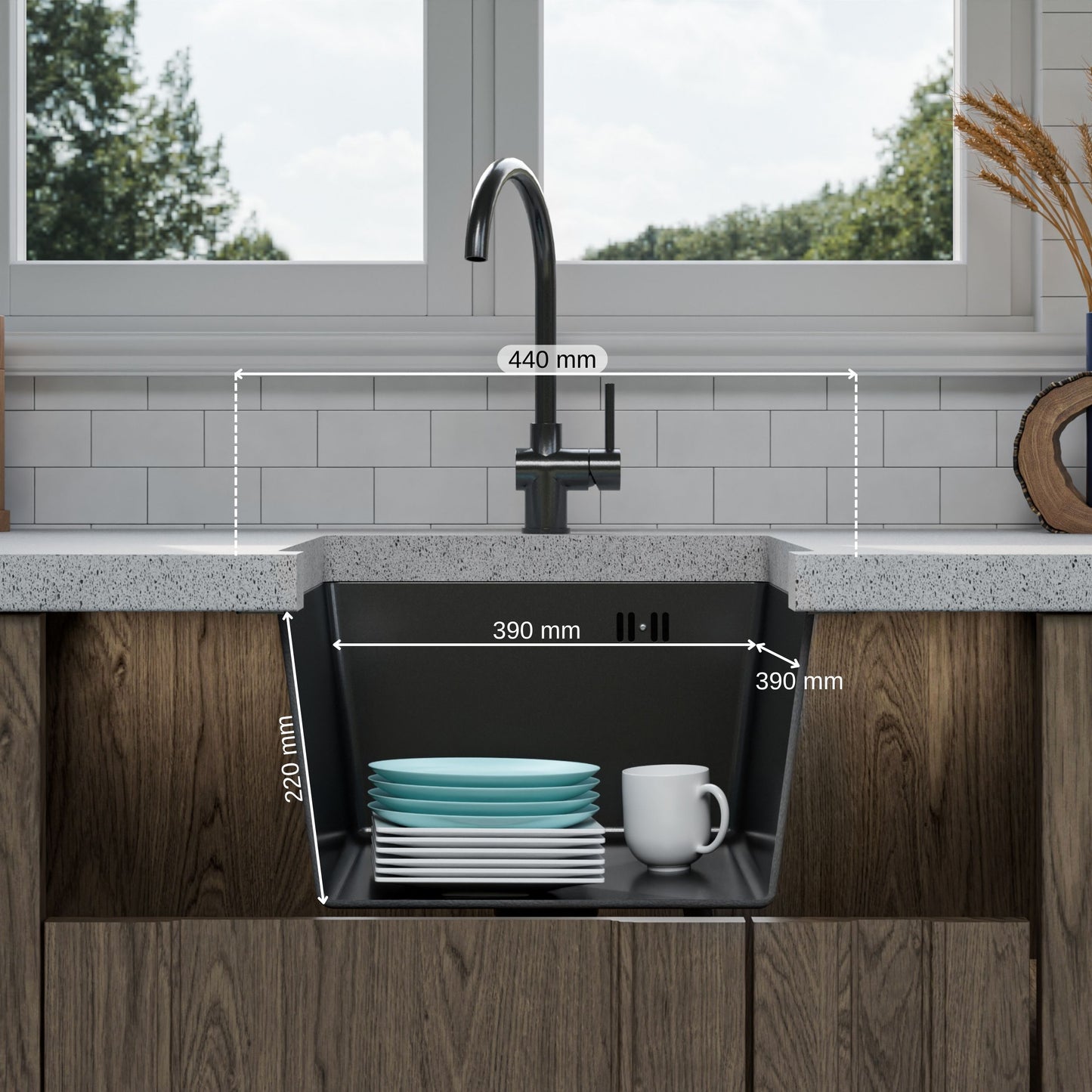 ANW HOME Spülbecken Küche Küchenspüle Unterbauspüle 1 Becken 44x44 cm Graphit PVD mit Nano-Beschichtung, Stärke 3.0+1 mm, mit Siphon