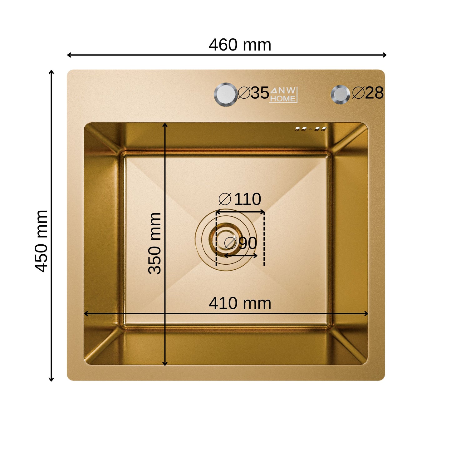 ANW HOME konyhai mosogató 46x45 cm, rozsdamentes acél mosogató, egymedencés, arany PVD, nano bevonat, vastagság 3,0+1 mm, szifonnal, mosogatószer-adagolóval és kosárral