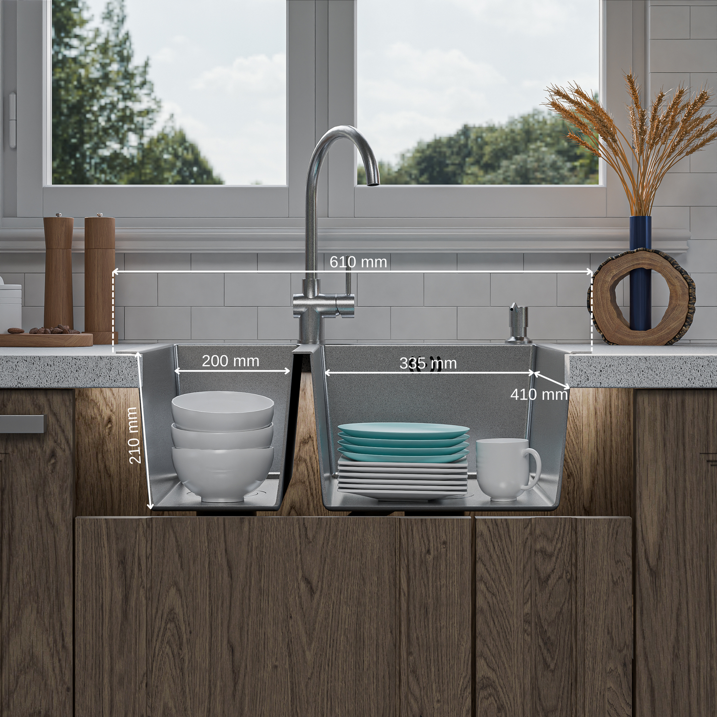 ANW HOME Evier Cuisine 2 Bacs à Encastrer, Évier Inox 304, 61x51 cm, Argent, Finition Nano, Épaisseur 3,0+1 mm, avec Siphon, Distributeur de Savon et Panier