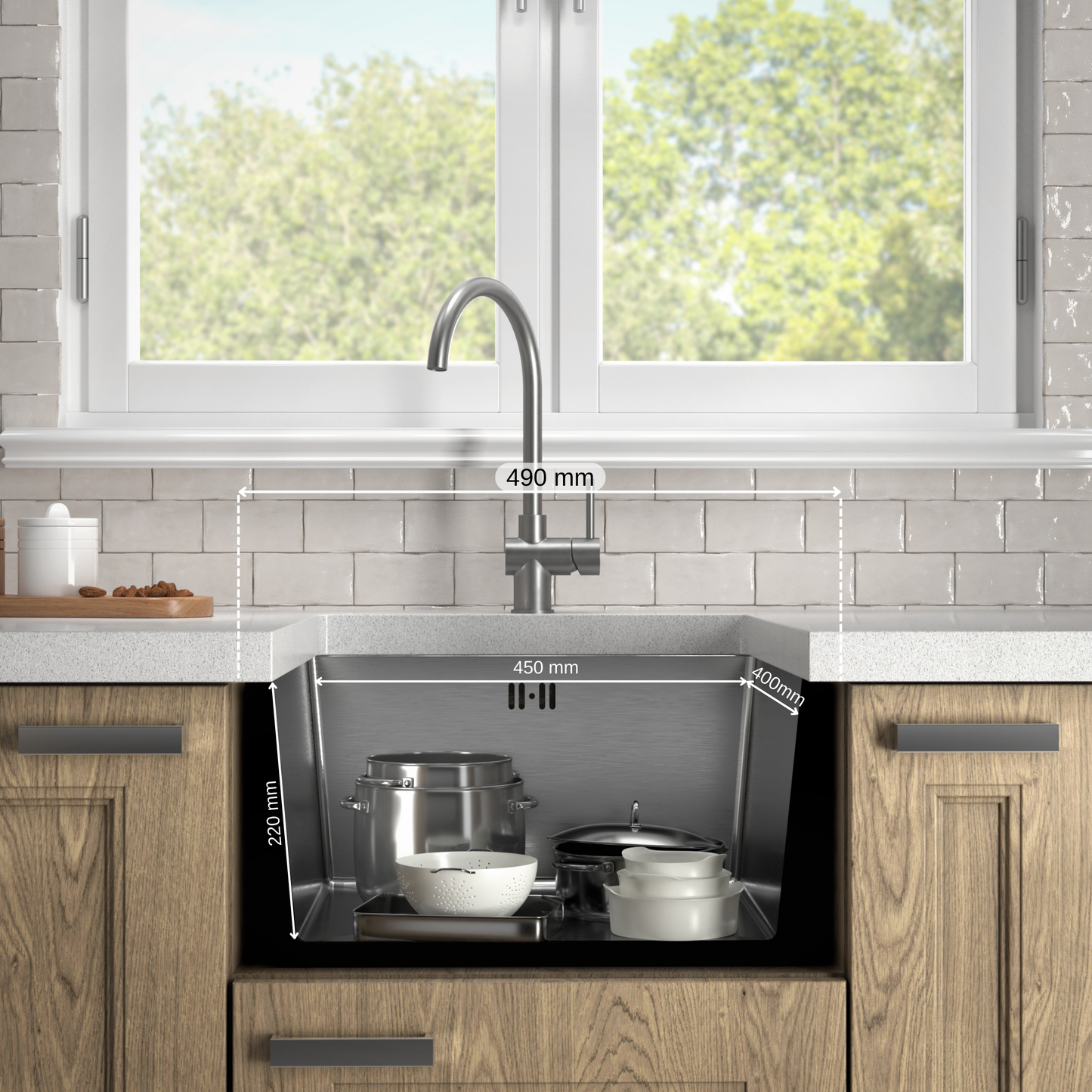 ANW HOME Küchenspüle Edelstahl, Spülbecken Küche 49x44 cm, Unterbauspüle 1 Becken, Spüle , Tiefe 22 cm, Stärke 3.0+1 mm, Nano-Beschichtung, mit Siphon