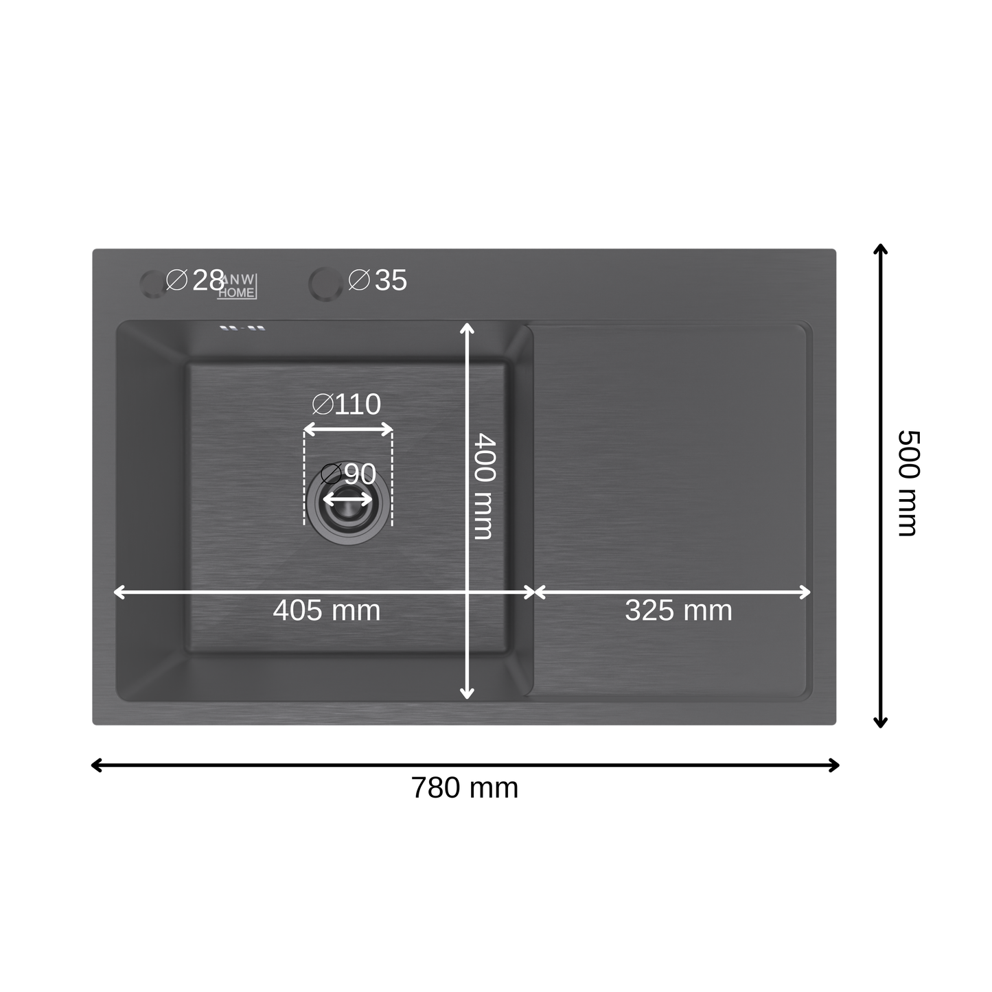 ANW HOME Fregadero Cocina 1 Seno Sobre Encimera con Escurridor, Acero Inoxidable 304, 78x50 cm, Grafito PVD, Acabado con Nano-Revestimiento, Grosor 3.0+1 mm, 22 cm, con Sifón, Dosificador y Cesta