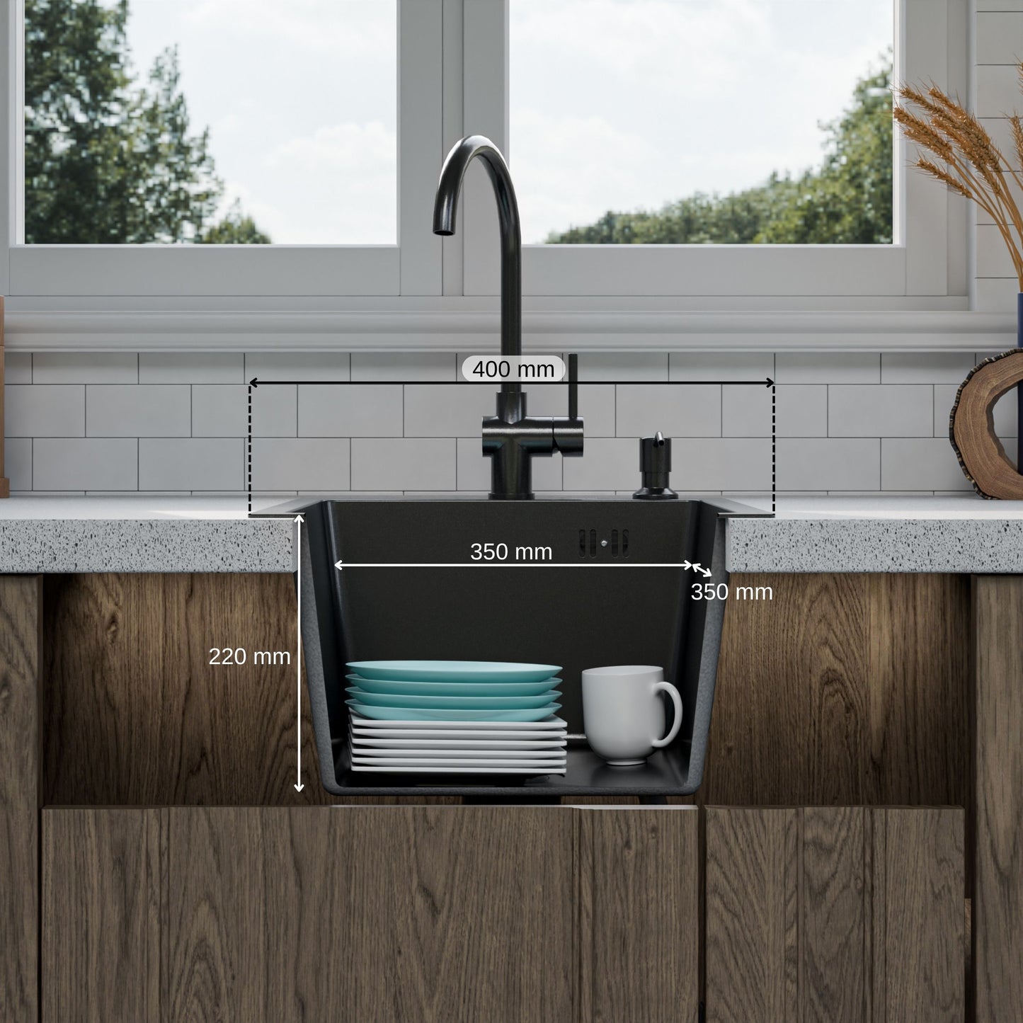 ANW HOME Spülbecken Küche 40x45 cm, Küchenspüle 1 Becken, Einbauspüle , 304 Edelstahl, Graphit PVD, mit Nano-Beschichtung, Materialstärke 3,0+1 mm, mit Siphon und Seifenspender