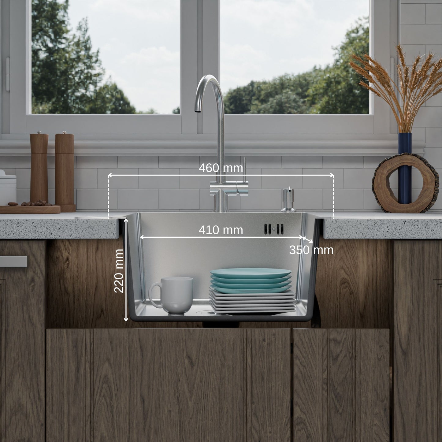 ANW HOME Lavandino Cucina, Lavello Cucina 1 Vasca 46x45 cm in Acciaio Inox con Finitura Nano, Spessore 3.0+1 mm, da Incasso, Argento, con Sifone, Dosatore e Cestello